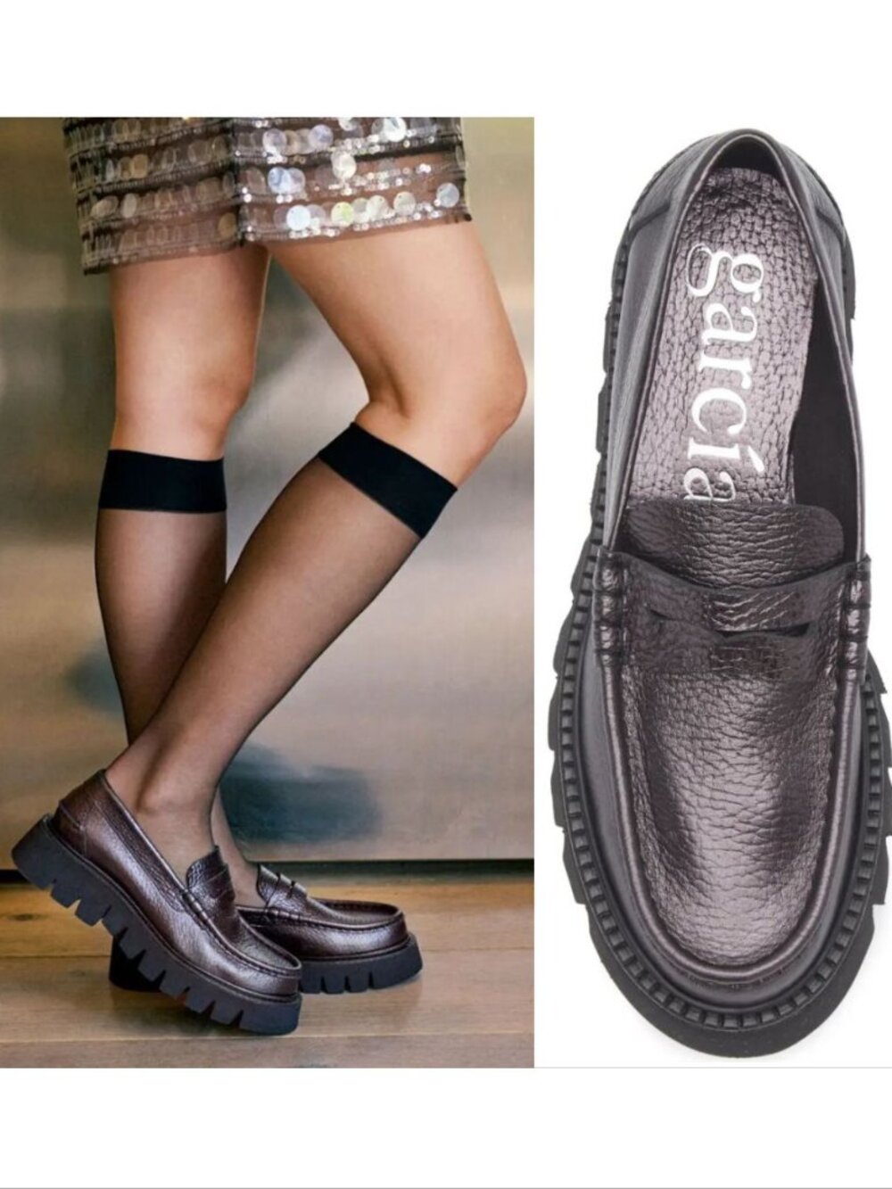 Pedro Garcia Sebas Lug Penny Loafers Shoes Size 39.5 9.5 Metallic Leather NEW
